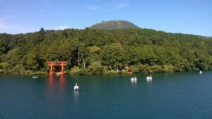 Mt.Fuji Hakone Day Tour With Lake Ashi Cruise, FREE Ropeway - Hakone Shrine: cedar shade and a red torii with Fuji behind